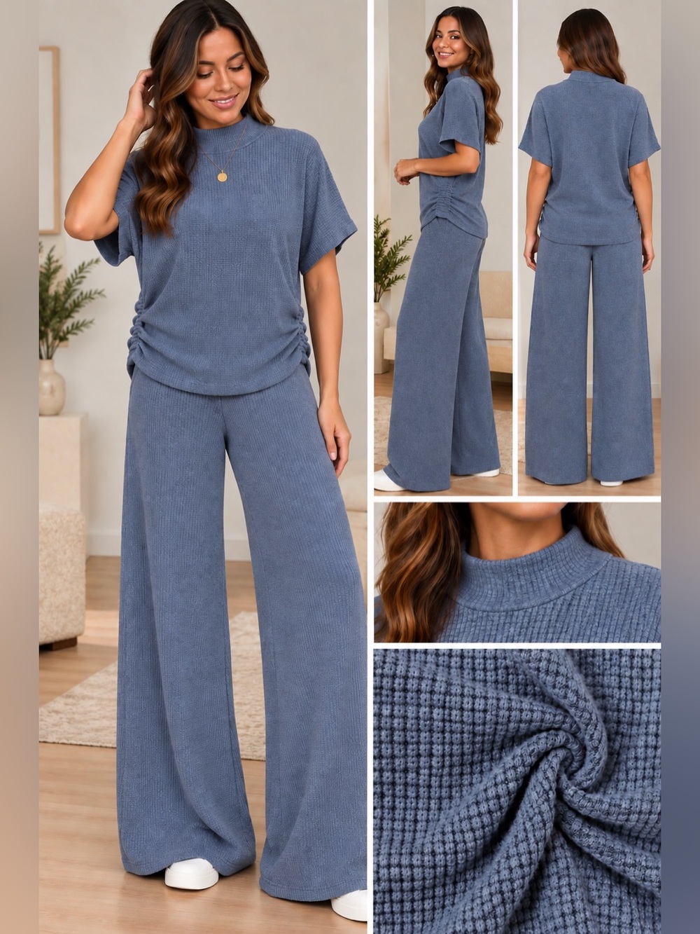 Zenana , Cozy Soft Waffle Knit Wide-Leg Pants Set - Dusty Blue